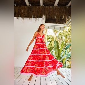 FARM RIO Red Tiki Bananas Maxi Tiered Dress